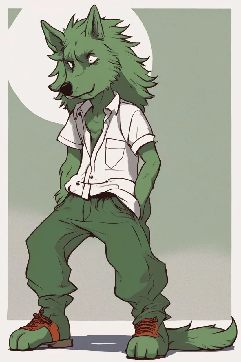Sense of liberation by a beautiful green werewolf wearing a shirt and baggy pants