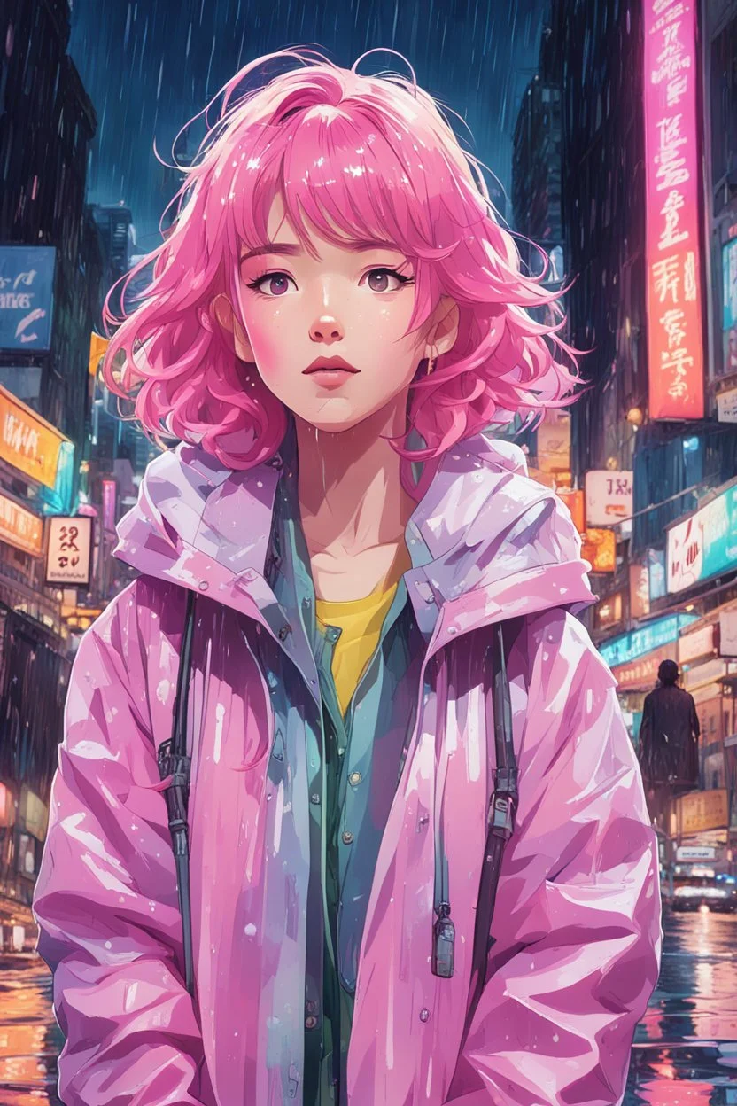 8k photo portrait of a stunning woman with pink hair in a pastel raincoat, looking at the camera, at a bustling crosswalk at night, wet reflections, Highly Detailed, studio ghibli, akira toriyama, james gilleard, genshin impact, trending pixiv fanbox, acrylic palette knife, 4k, vibrant colors