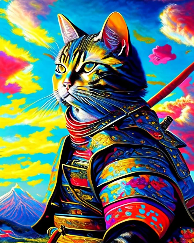 Gato Samurai cuerpo completo pintura al óleo arte pop hiperdetallado colores contrastantes cielo soleado 8k