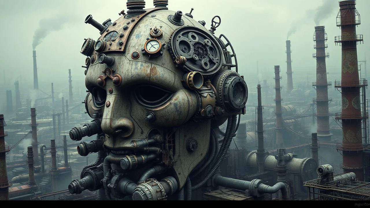 This image is a highly detailed, digital artwork depicting an industrial landscape with a surreal, steampunk aesthetic. Dominating the scene is a colossal, humanoid face constructed from a jumble of industrial machinery and pipes, with a weathered, metallic texture. The face is adorned with intricate gears, valves, and various mechanical components, giving it a mechanical and futuristic appearance. The background features a vast, hazy cityscape with numerous tall, cylindrical chimneys and smok