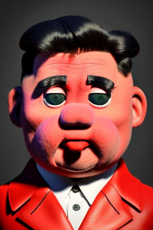 Waist up muppet Portrait, Kim Jong-un muppet doll, black suit, photo studio, red background, unreal engine 5, concept art, art station, ray tracing, lumen lighting, ultra detail, volumetric lighting, 3d.