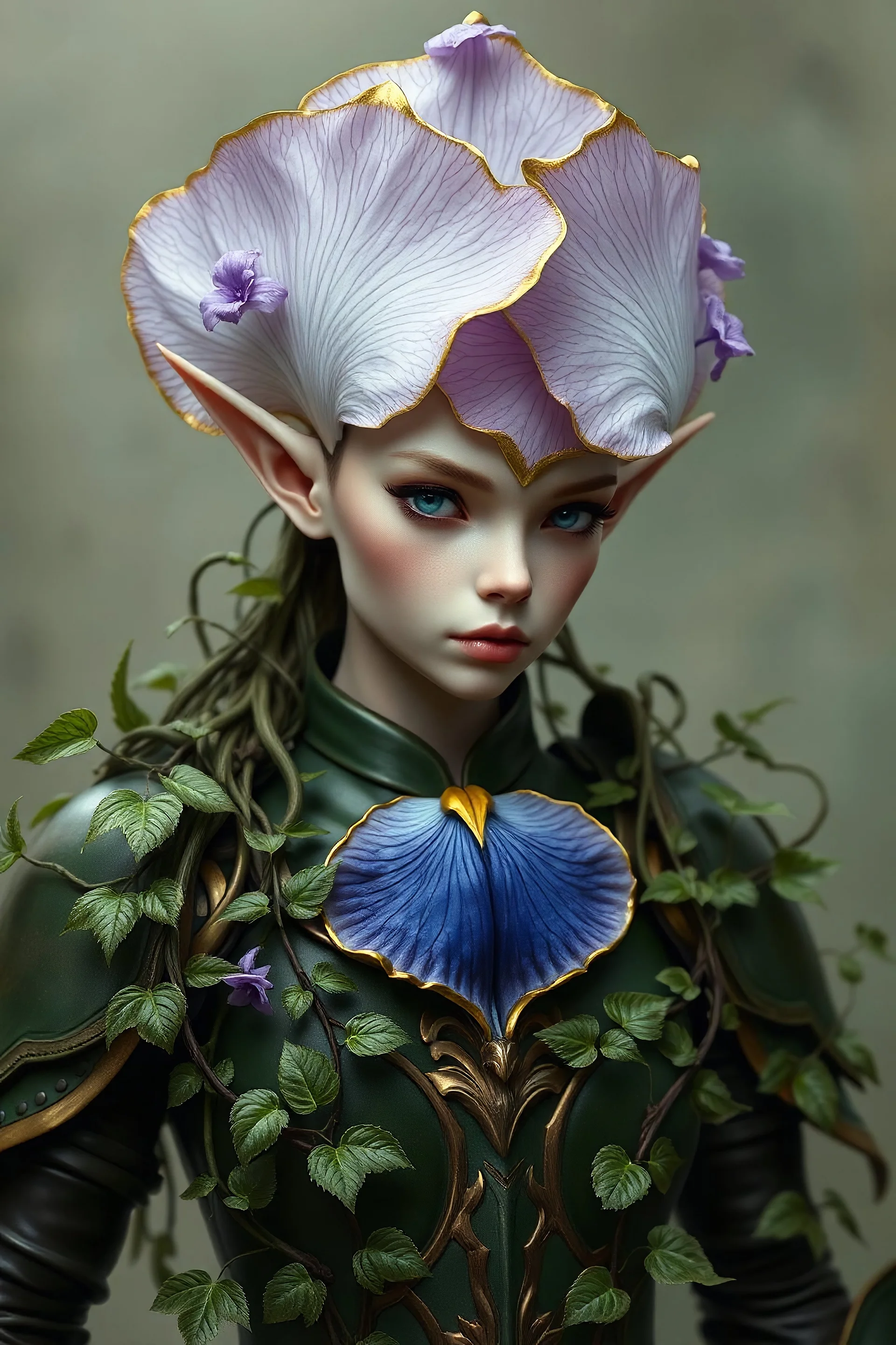 ivory skined flower elf single extra large lavender gold trimmed deep blue bottom iris flower top of head tons of vines trailing shoulders with tons of small leaves female blue eyes green leather armour small pointed ears