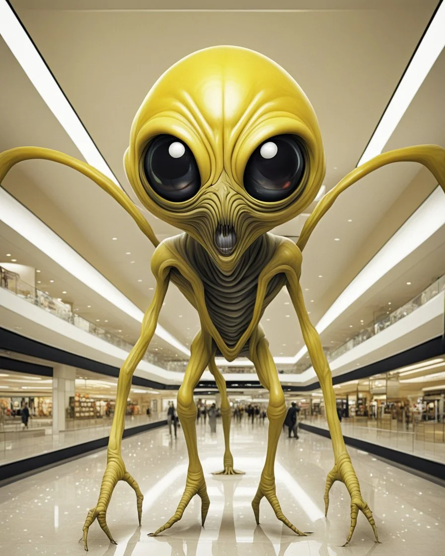 Distorted large yellow insectoid alien black eyes, in a mall, sci-fi art, graphic design, digital illustrated scene, alien art, high strangeness, absurdist, cartoonists