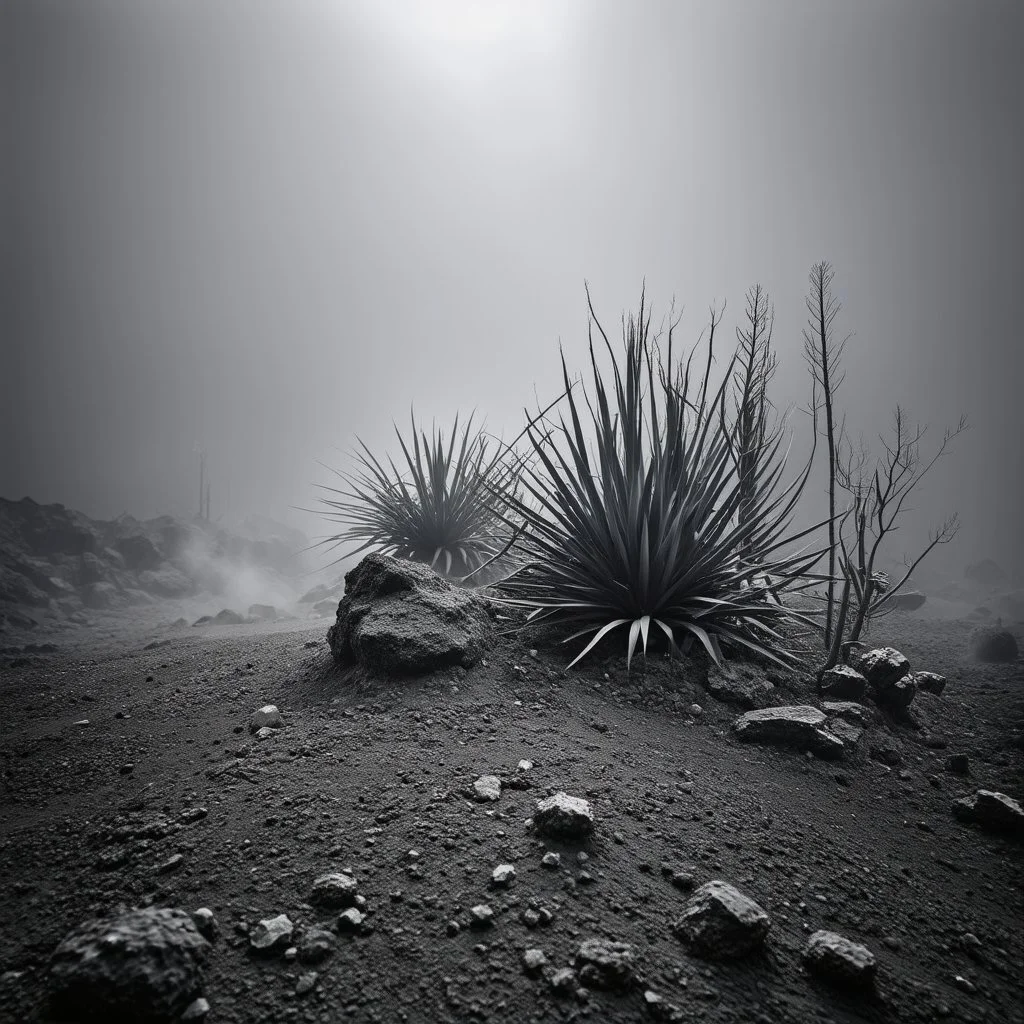 A striking quality photograph captures a wasteland with plants, creepy, scarpata, details of the dust very accentuated, glossy organic mass, adorned with minerals and rocks. Bathed in intense light, eerie, Max Ernst and Yves Tanguy style, black sun, fog, volumetric light, octane render