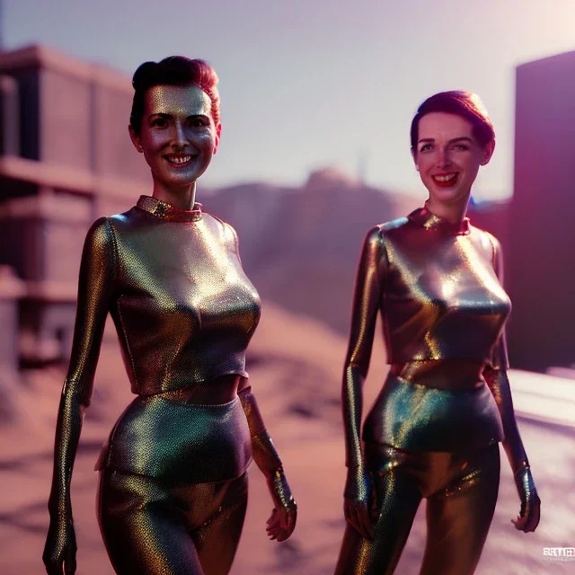 Ultra Realistic scene, retro futuristic style, 1960 fashion sci-fi. 2 Women, smile, happy. highly detailed, concept art, unreal engine 5, ray tracing, RTX, lumen lighting, ultra detail, volumetric lighting, 3d, finely drawn, high definition, high resolution.