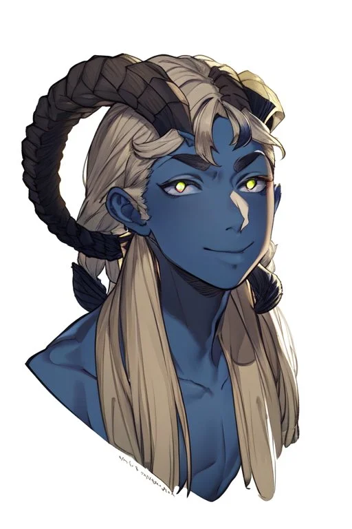 A tieffelin with blue skin and white Dreadlock hair. His pupil-less eyes are green. He wears a small beard. His horns are black and curved backwards. He wears a beige tunic.