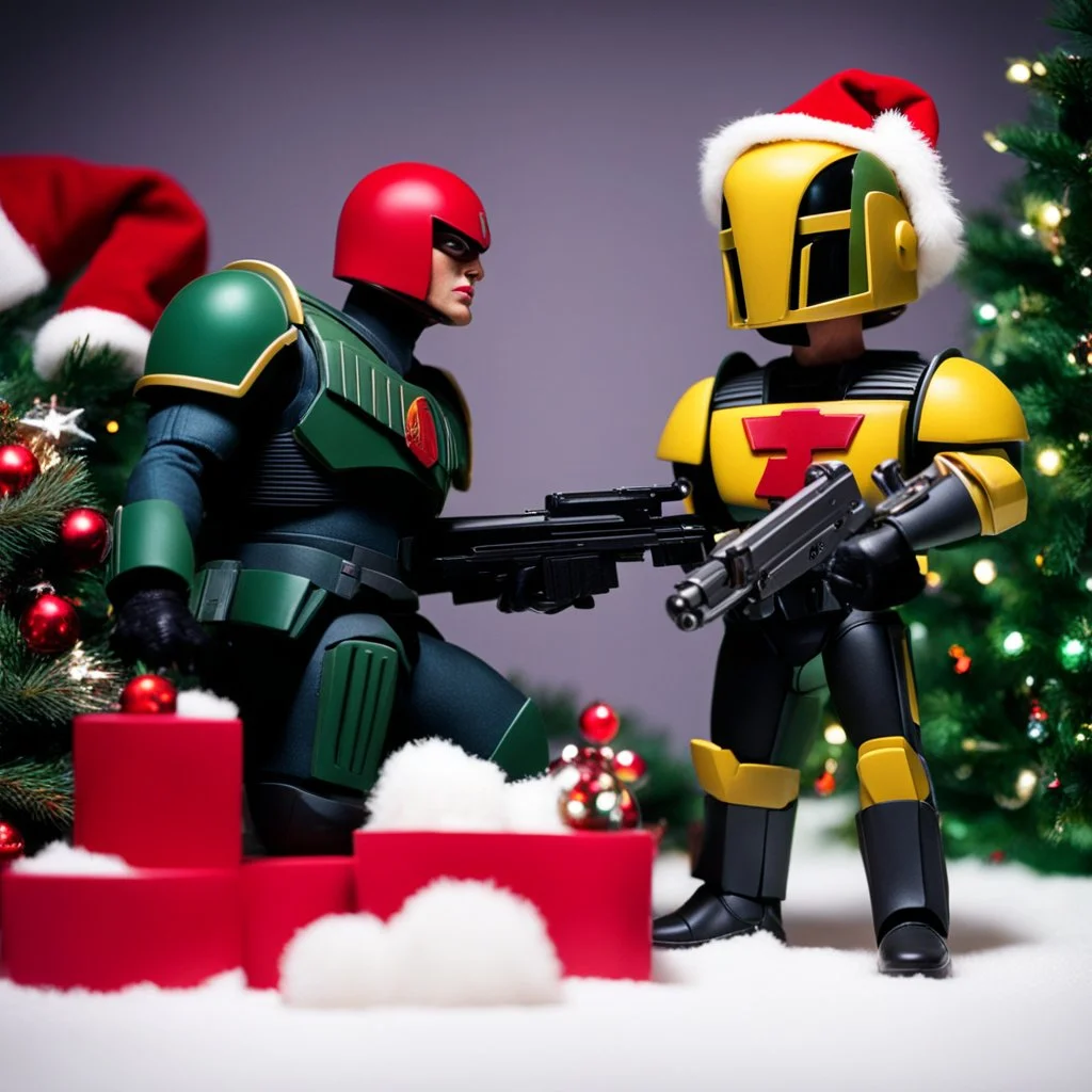 judge dredd and marilyn preparing Christmas, 1960’s stop-motion animation style