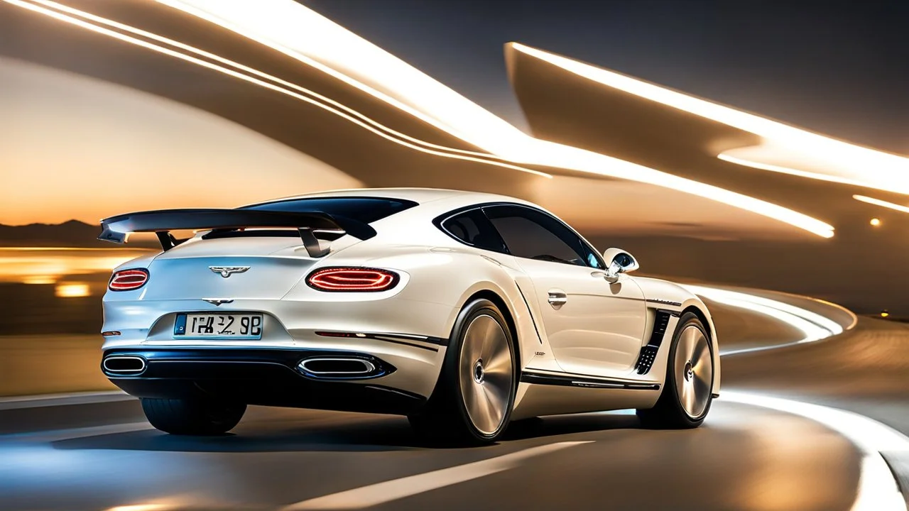 A sleek white shiny (((bentley x porsche))), its contours and details perfectly captured in a (((cinematic view))), zipping along a winding road under a beautiful blue black night sky