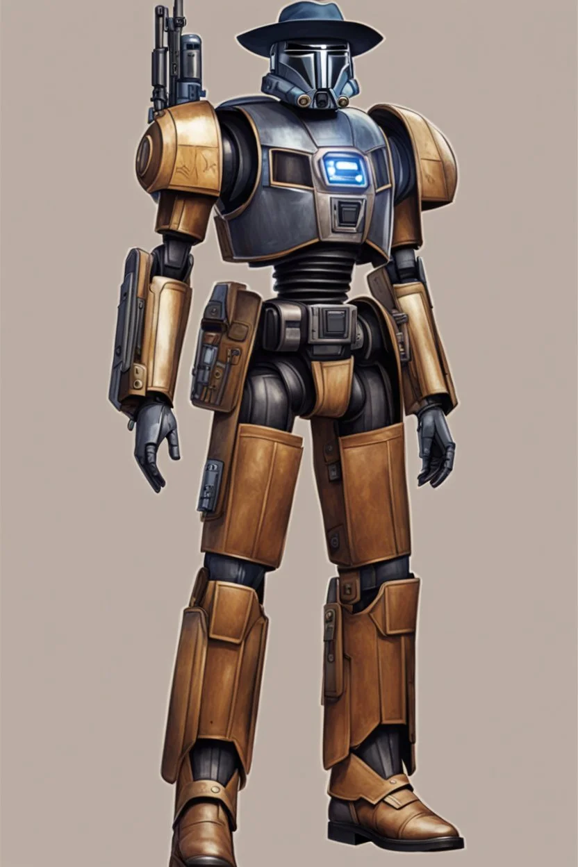 A Star Wars Combat Droid, Wearing Western Cowboy Clothes, Armour looks like Halo, Wearing a cowboy hat and a Cowboy Over-Coat.