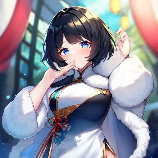 Clear focus,High resolution, Black short fluffy hair, and blue eyes, wearing a Chinese Traditional outfit dark green with black, Blushing, Hand up, white fur around her neck