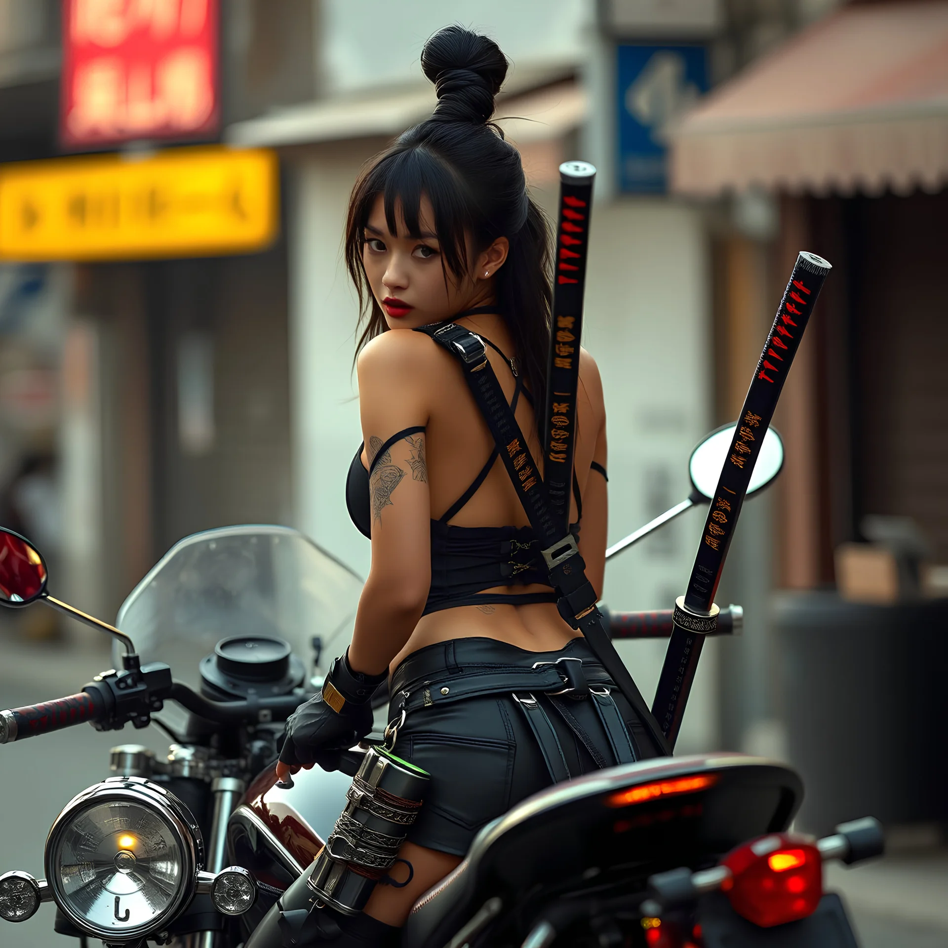 My beautiful asian model cyberpunk motorcycle riding wife with katanas strapped to her back