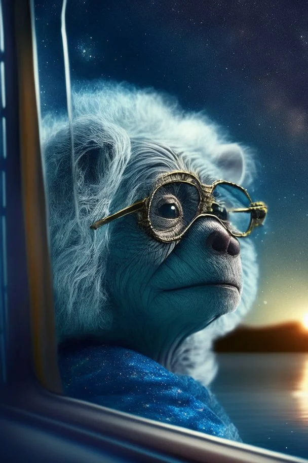 grandma koala, with background star field seen in the window of a boat, 4 k, trending art, depth of field, in the style of gorillaz