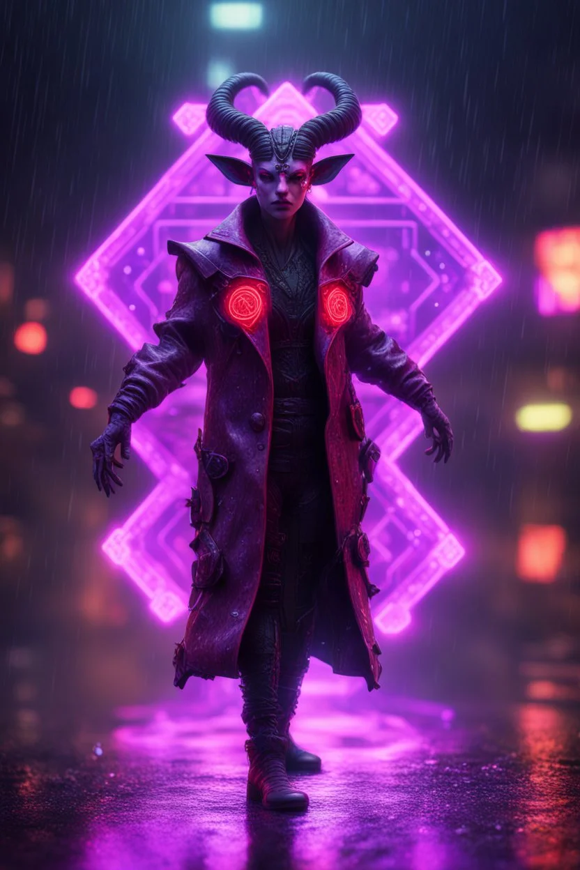 Volumetric satyr lights,paradise sacred geometry framed playing card, black, red, spore and purple neon fire cyber punk dancer thief in soaked rain coat shadows boss card in the style of giger and fallout 4 ,,bokeh like f/0.8, tilt-shift lens 8k, high detail, smooth render, down-light, unreal engine