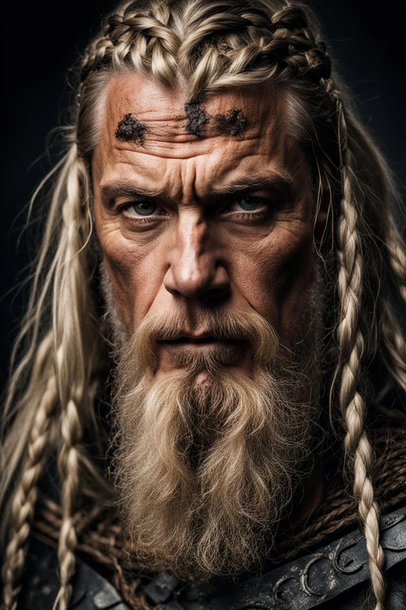 portrait of a 50-year-old viking ,blonde beard with grey highlight and long blond hair with Two small braids. Rugged face with a scar on his cheek. dark fantasy