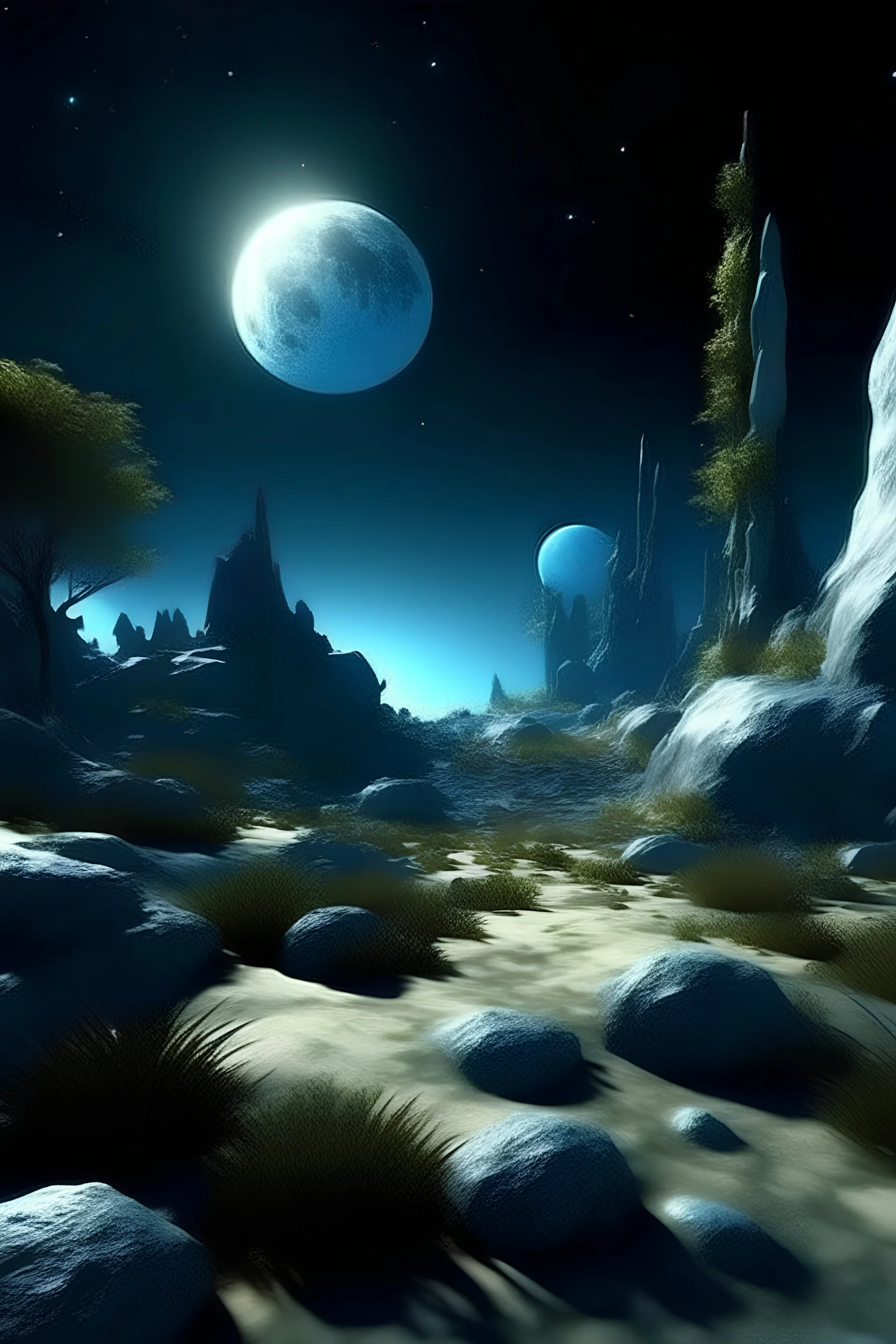 un paisaje lunar donde se vea la fauna y flora del lugar, con sus caracteristicas geograficas, luces y sombras.