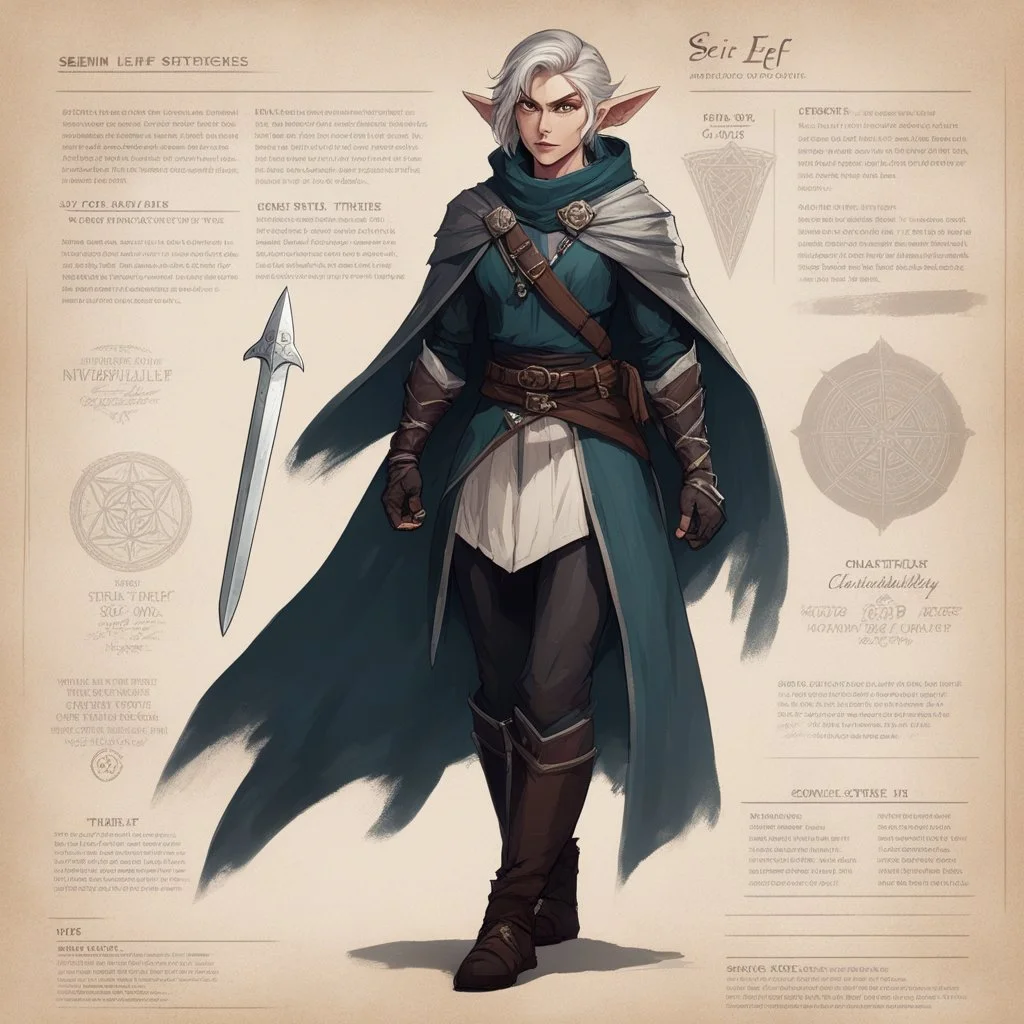 character concept sheet with AD&D statistics and characteristics, [vintage style noisy scratches glitches, Shot the texture and then rewound the film and double exposed the face] semi-elf thief, with her silver dagger and her invisibility cape, ready to strike