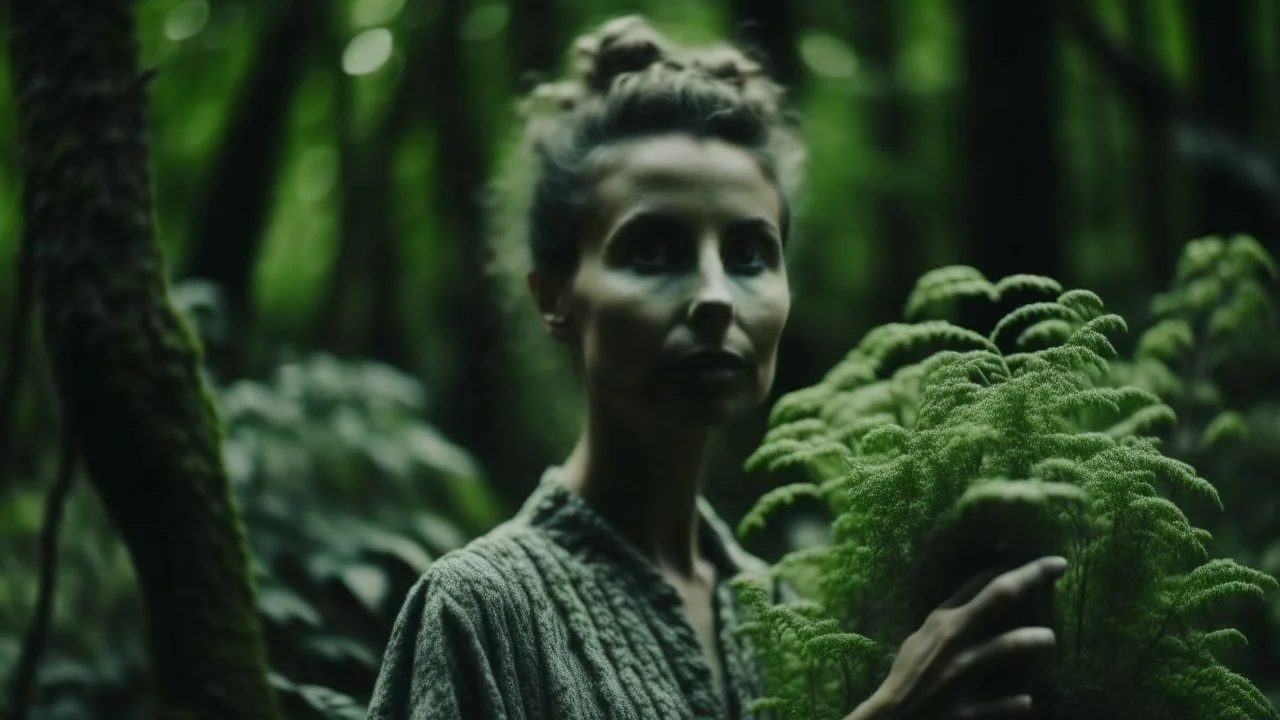 Cinematic Medium shot, young women standing in the forest holding plants, in the style of infused nature, video collages, made of veins, detailed face, dark green and white --style raw