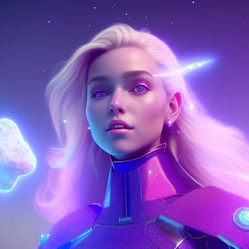 A portrait of a crystalline girl,smiling, longs blond hairs, galactic costume, atmospheric, realistic, cinematic lighting, octane render, purple and blue sky, nebula, stars, planets, spaceship