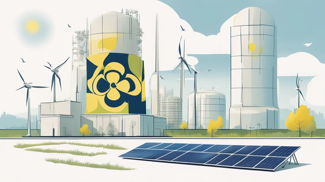 "The image illustrates the concept of nuclear energy and its environmental impact. It portrays a modern nuclear reactor alongside arrangements of solar panels, symbolizing the use of multiple sources for safe and sustainable energy generation. The image strikes a balance between technology and the environment, reflecting the complex content of the article and the influence of energy on the natural world."