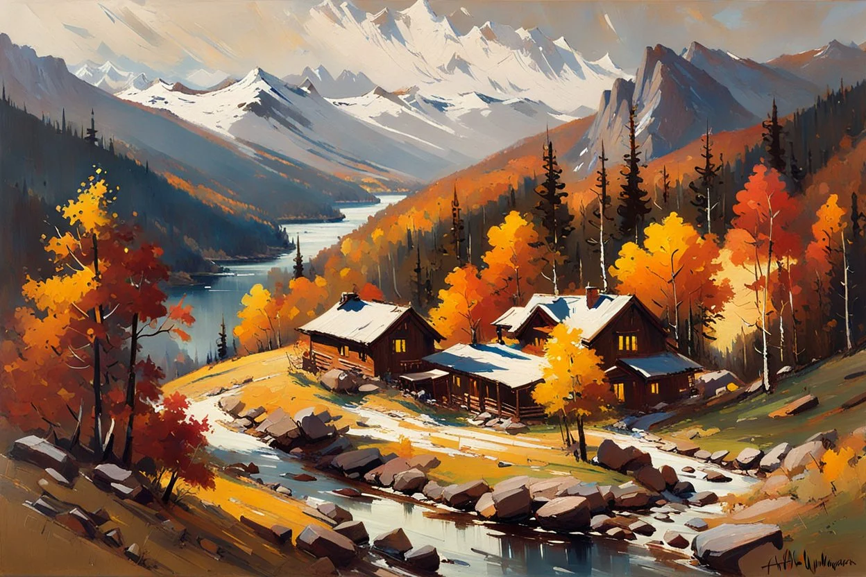 An aerial view of a rustic chalet overlooking a winding, boulder strewn river valley lined with towering cedar and aspen trees painted by Arthur Streeton and Peter Wileman, finely detailed brushstrokes, fine ink outlining, luminous and atmospheric in vibrant Autumn colors
