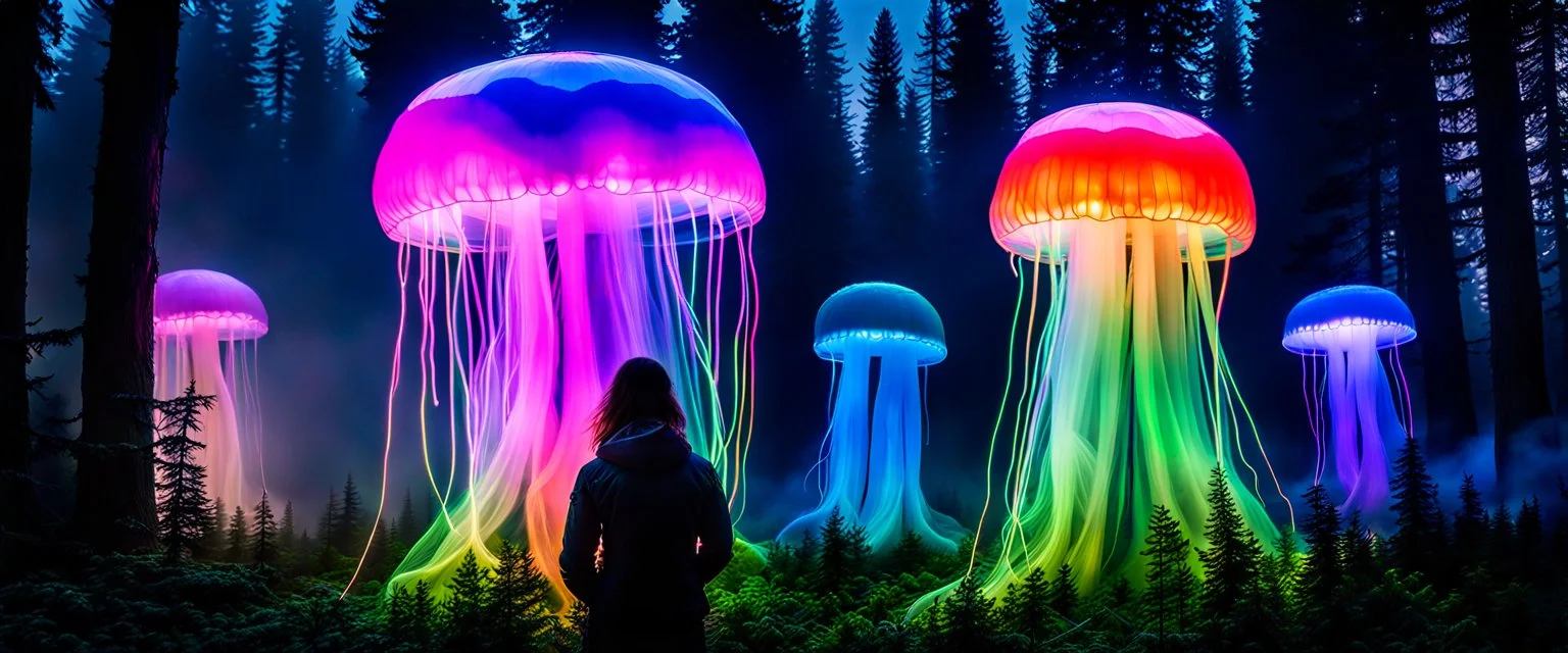 giant bio luminous Rainbow floating high JellyFish, Medium closeup, Epidemiologist yeti inspecting the organism, light floating in a forest, mist, light trails, nighttime, long exposure, Treeline, Alberta, scientist, Dystopian, Hyper detailed, Realistic, Extreme depth of field, bokeh blur, Alberta all-natural, National Geographic, in the style of candid, imperfection, natural lighting, cinematic, Fuji Film, Anamorphic lens, 2040s, --ar 4:5 --w 150 --style raw