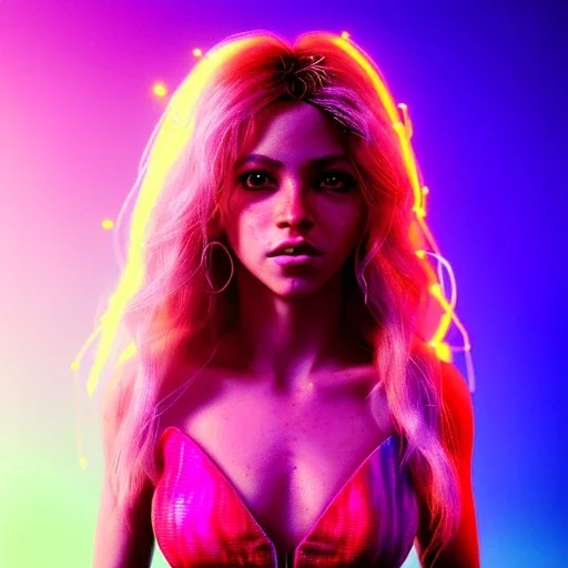 Shakira, artist, 30 years old, Realistic image, waist up portrait, etro style dress. Blonde, feathers, loose long hair, eyes make up, perfect, glow, circle iris. Neon colors, leds, geometric shapes. Dark background, photo studio, neon lights. Cyberpunk, concept art, smooth, unreal engine 5, god lights, ray tracing, RTX, lumen lighting, ultra detail, volumetric lighting, 3d, finely drawn, high definition, 4k.