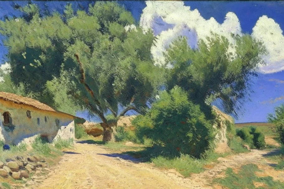 sunny day, clouds, rocks, trees, mountains, countryside, dirt road, adobe old house, gustave caillebotte and pieter franciscus dierckx impressionism paintings