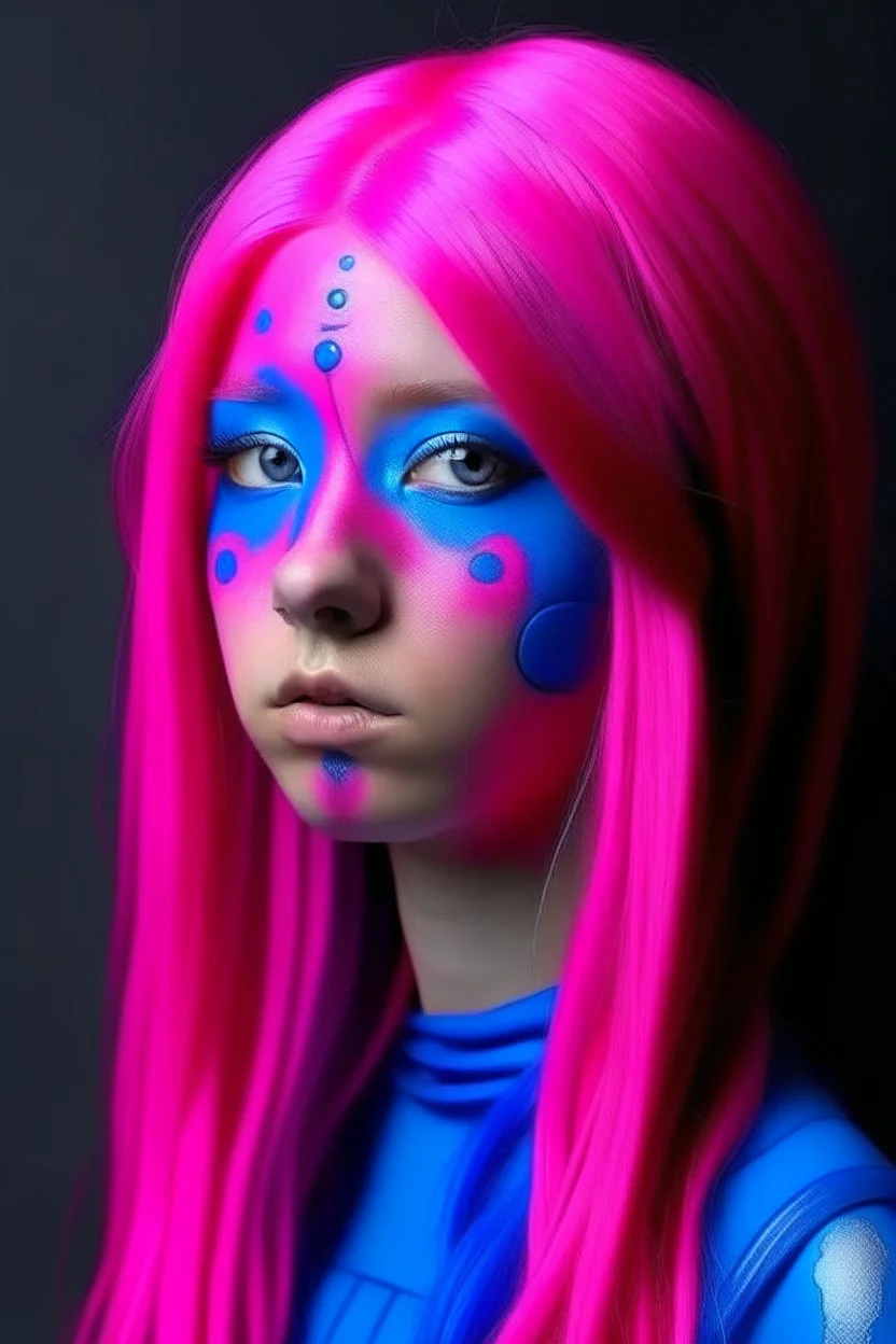 Indigo girl face with rubber effect in all body with pink long rubber effect hair