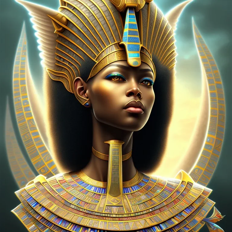 sango fantasy, fantasy magic, intricate, sharp focus, illustration, highly detailed, digital painting, concept art, matte, masterpiece head sexy view black African beauty black afro hair earth lady golden falcon head Egyptian princess pyramid sphinx background