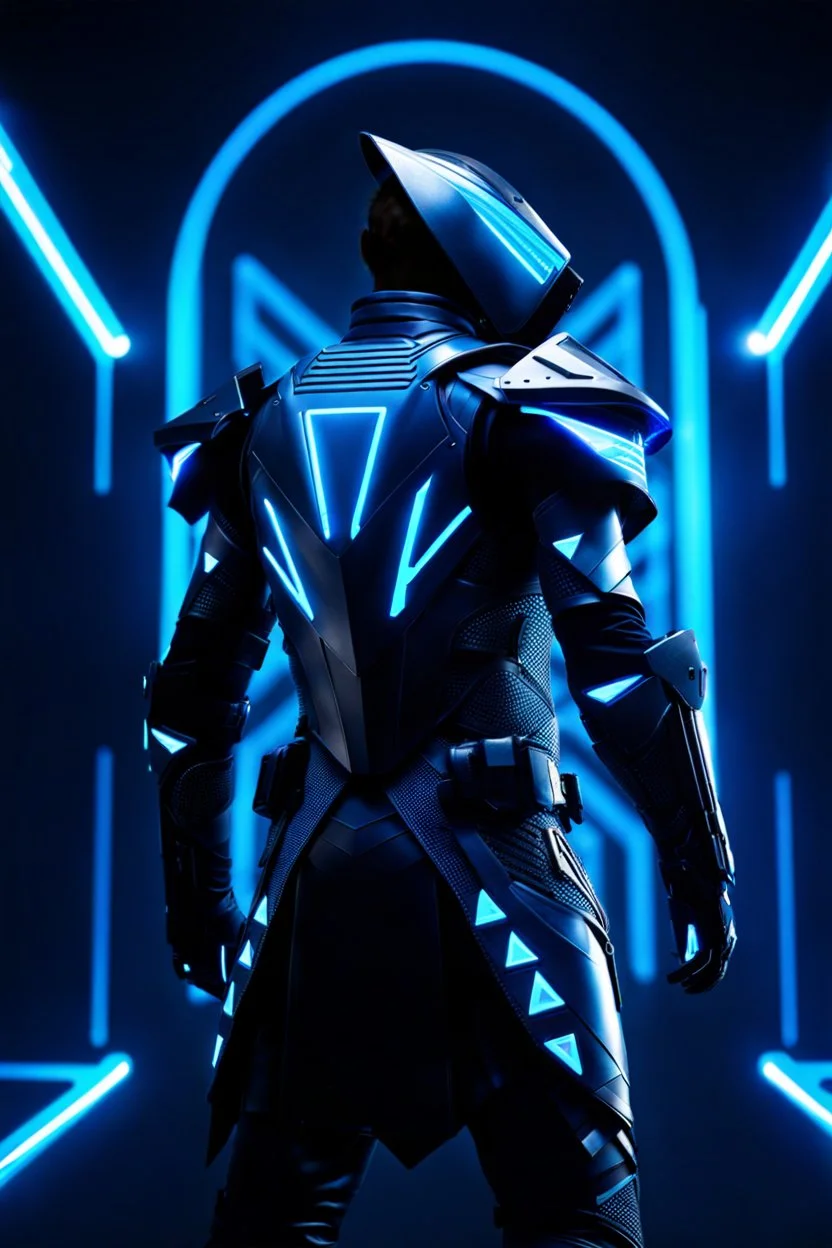 cyberpunk, neon blue, floating triangle of light behind the back, cyber armor, geometric patterns on an armor, male, orbiting triangle