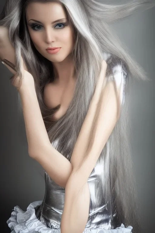 Beautiful perfect perfectly centered photorealistic lady long hair, shiny metallic silver hair, multi-hued French maid outfit full-body portrait by Reisha Perlmutter, Rudy Nappi, medium shot