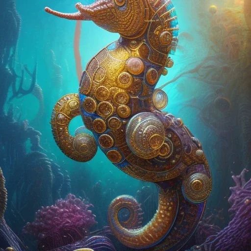 biomorphic seahorse morphed with electronic wiring and mixed with lighting, Nanopunk and Biopunk with cyberpunk look,golden hour,MTG,digital painting, wonderful ambient colors, art by Jarosław Jaśnikowski mixed with Sheila Martin mixed with Fletch mixed with Frank Sun mixed with Anna Dittmann mixed with Alena Aenami.