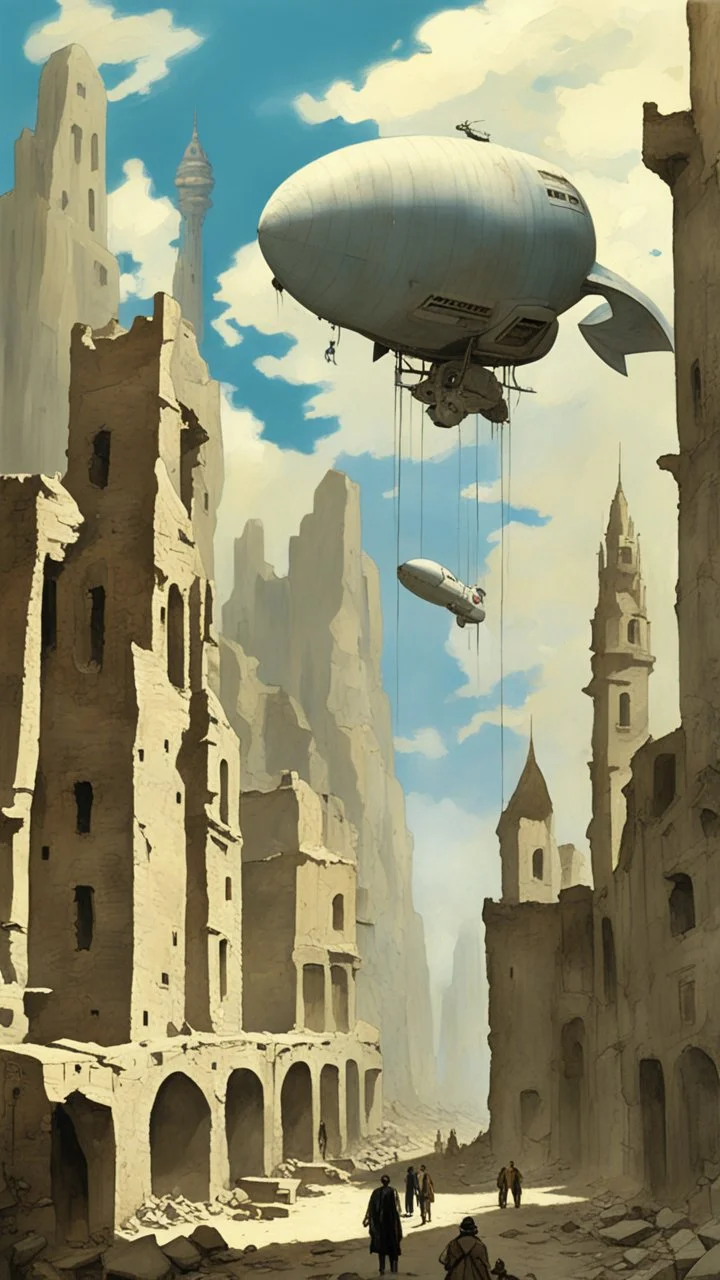 A small futuristic city in the ruins of an old building, blue sky, in the style of Gerald Brom and John Berkey, a large blimp floats above buildings, a house is made from concrete blocks, there is graffiti on walls, several tall towers with white spires tower over the scene. --ar 91:128 --v 6. 0