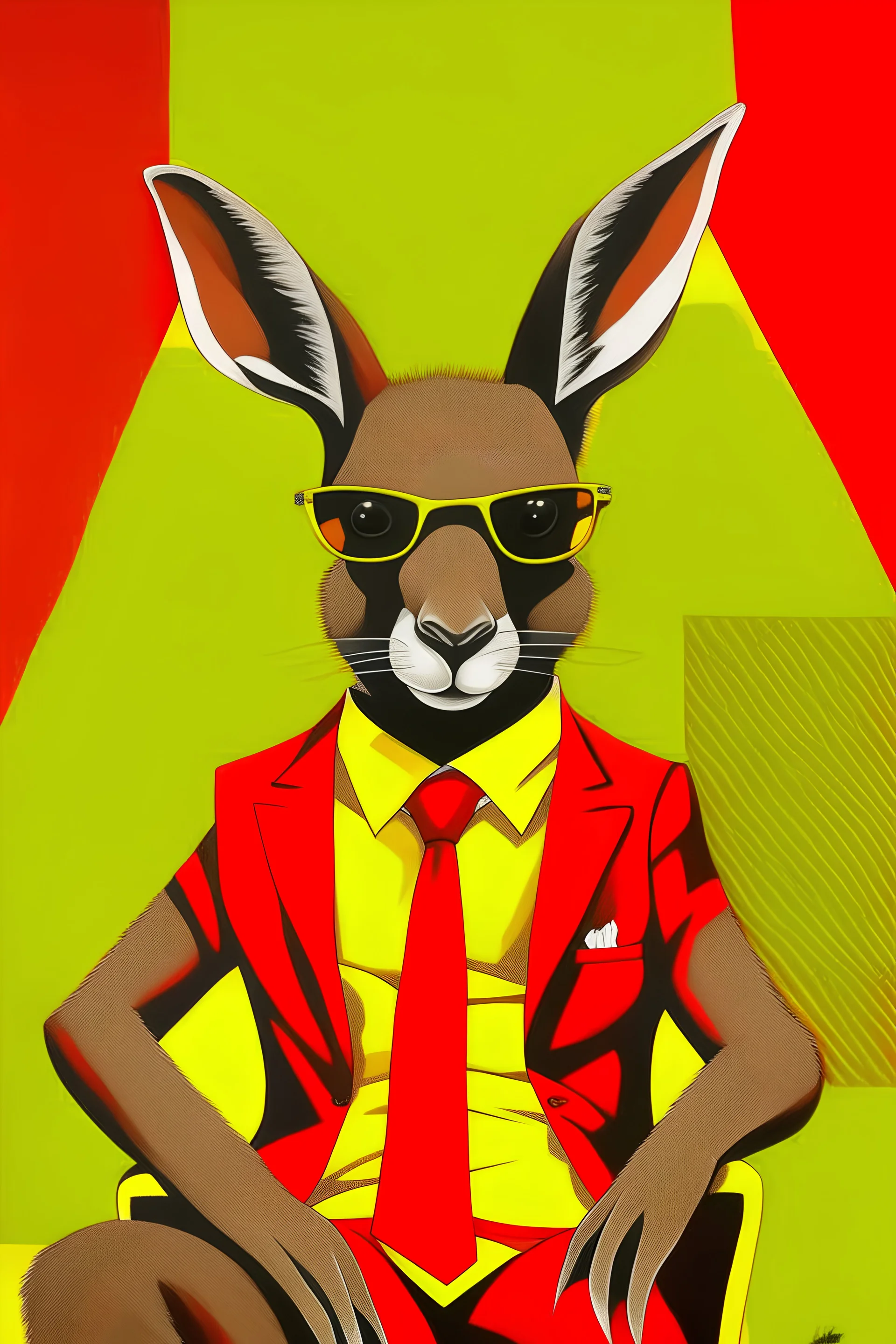 A portrait of brown kangaroo in a yellow background with some crosses and circles in the downside of the background. the kangaroo is sitting in a advance red chair and wear a black suit and black sunglasses. the kangaroo is looking in front of him.