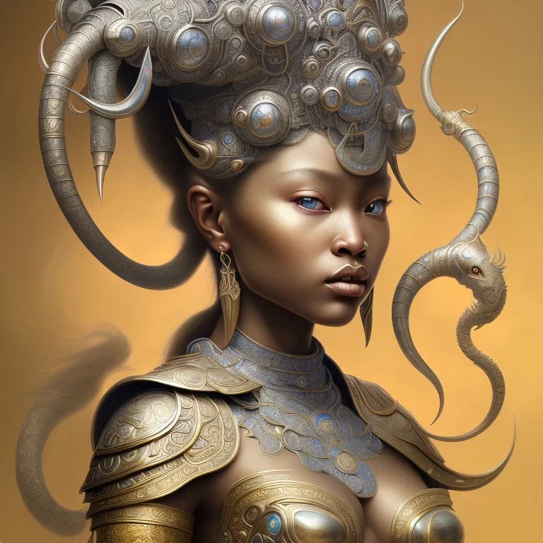 Sango fantasy, fantasy magic, intricate, sharp focus, illustration, highly detailed, digital painting, concept art, matte, art germ and Paul Lewin and Kehinde Wiley, masterpiece silver elephant head bronze Buddha Asian African girl nice breast Hawaiian hair turquoise golden waves