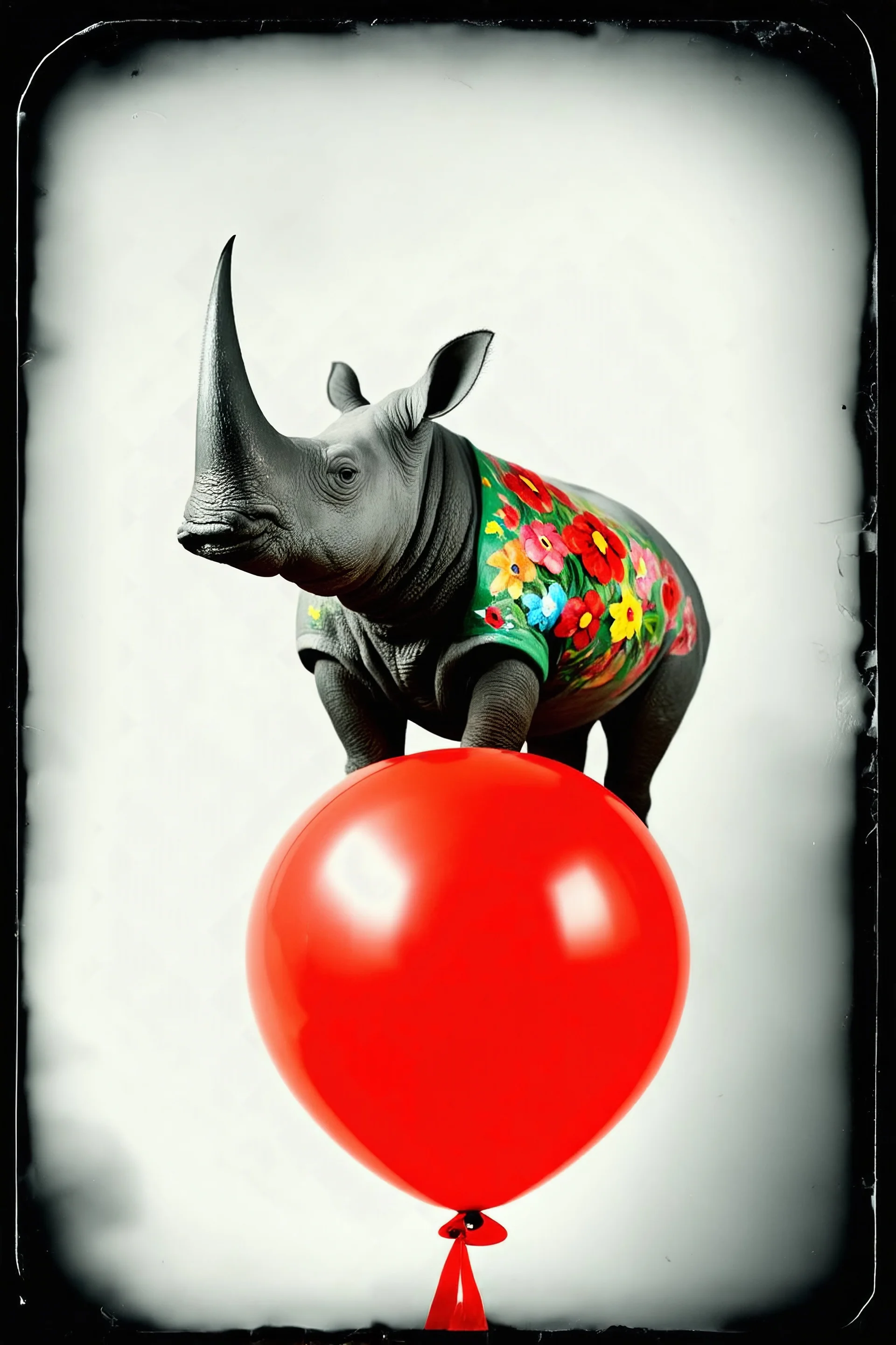 Rhinoceros avec fleurs peintes, en equilibre sur un balon rouge,, tintype