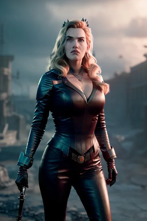 kate winslet as evil queen in leather, busty, cleavage, angry, stern look, unreal 5, octane render,cinema4d, dynamic lighting, dramatic lighting, 4k, redshift render, highly detailed, hyper realistic