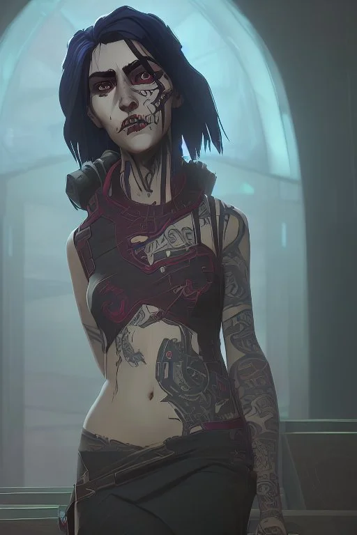 scarred cyberpunk vampire girl with tribal tattoos short curly dark cyberpunk hair descending the staircase in decaying dark mansion on fire