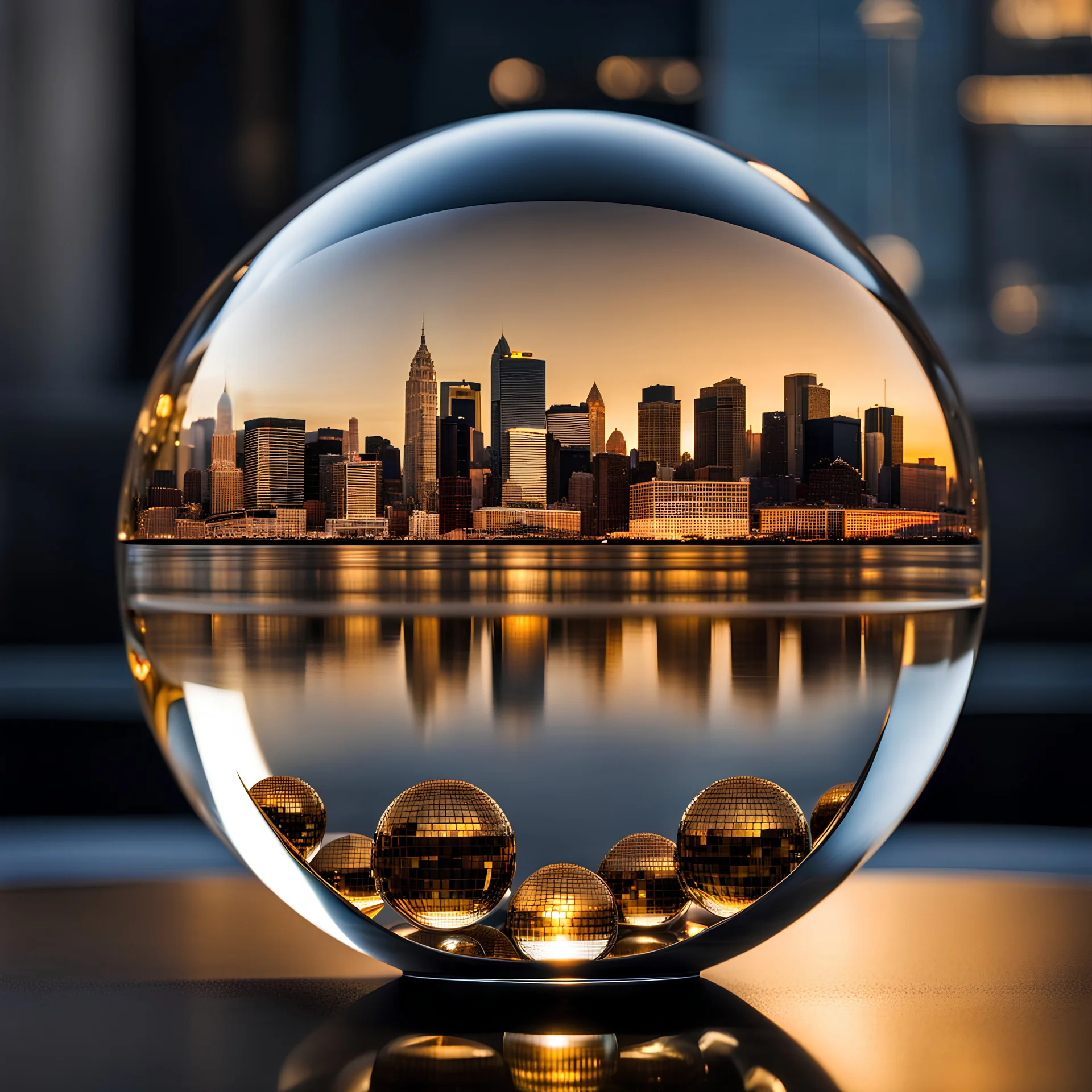 crystal sphere with golden Dodecahedrons inside, reflections of the modern city environment inreclective faces , divides into array of crystal cubes.