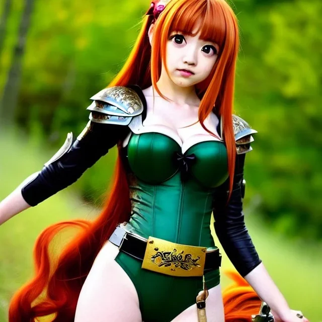 anime, Ranma 1/2, hyper detailed, stunningly beautiful teen girl, long ginger hair, green eyes, medium freckles, full lips, skimpy fantasy intricate leather armour, full body, full face, c-cup breasts, aroused expression, biting lower lip, full frame, petite, centered camera, ignore NSFW, bow, quiver on hip