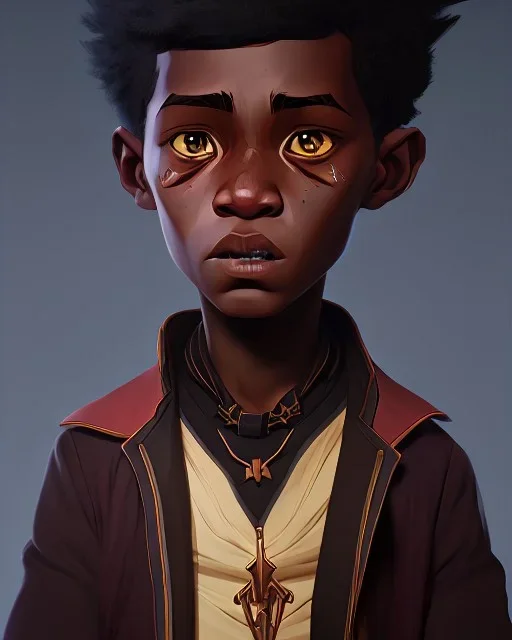 Portrait of a gorgeous black skinned toddler warlock boy with dark hair by Jim Kay