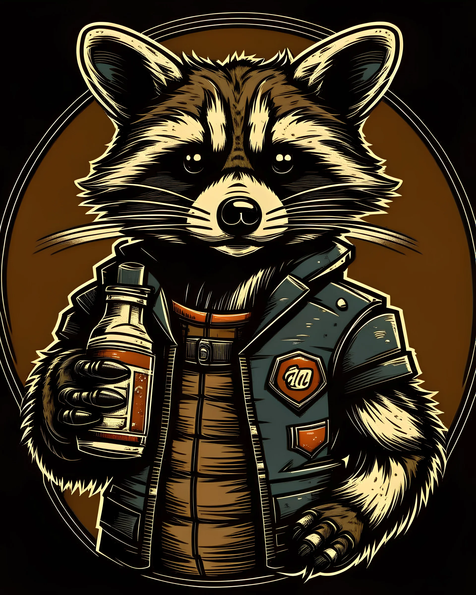 cool raccoon dressed in leather jacket in shephard fairey style graphic holding a can of beer.