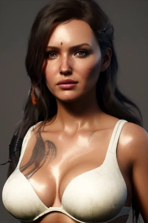 Camilla luddington face, big busty hitomi tanaka, texture skin,Crystal yellow eyes, long white hair, wearing The Lara Croft, realistic, 4k, intricate, best quality, fog particles, fire particles, octane render, vray, sword fire