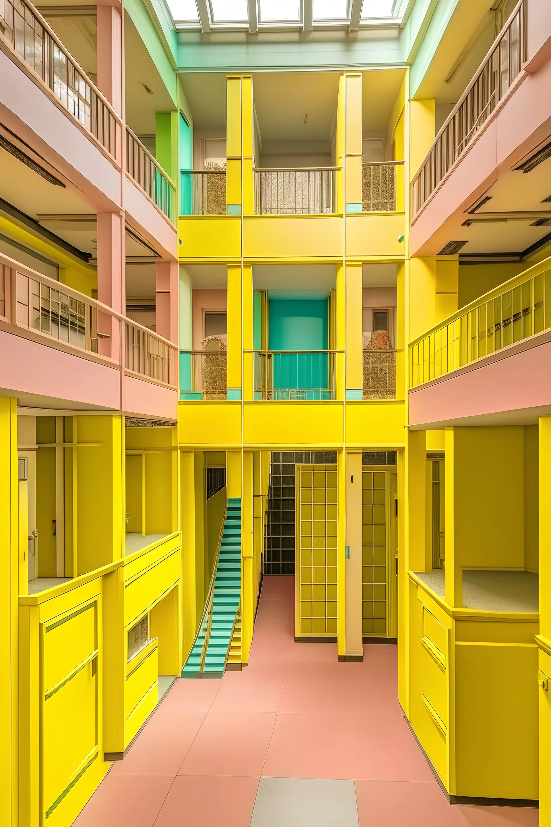 falling from an upper floor to a lower floor. The upper floor is a sweet pastel coloured playground and the lower floor are yellow dark backrooms that is a never ending corridor filled with doors