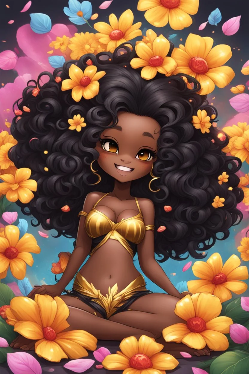 A sassy thick-lined airbrushed cartoon black chibi girl lounging lazily on her side, surrounded by flower petals. She has a golden lion tail curling playfully behind her curvy body. Looking up coyly, she grins widely, showing sharp lion teeth. Her poofy hair forms a mane framing her confident, regal expression.