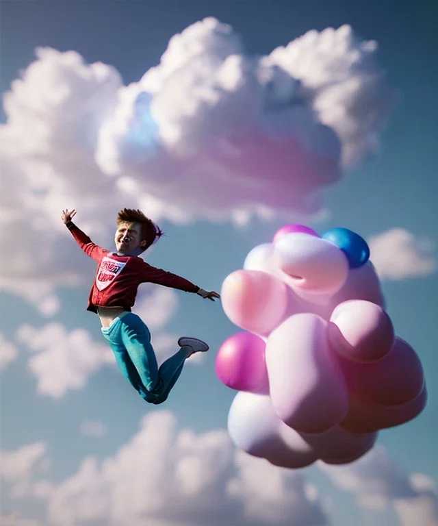 Ultra realistic clouds sky scene, wide angle, medium shot view, portrait, sweet Childs, free jumping flying, trinkets, monster hair, jelly beans, balls, smile, happy, Peter Pan style, inflatable color clothing, extreme, wind, clouds sea, 20,000 feet altitude, stratosphere, soft color, highly detailed, unreal engine 5, ray tracing, RTX, lumen lighting, ultra detail, volumetric lighting, 3d, finely drawn, high definition, high resolution.