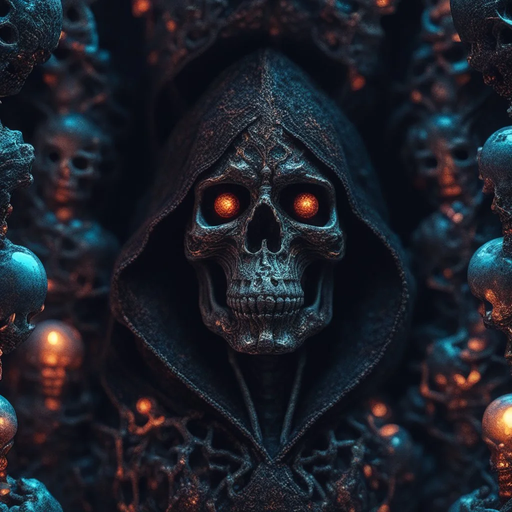 scarry dark hooded crystal skeleton made of marble, bright colors, glowing sparkle particles, dark tone, sharp focus, contrast, 8k, incredible depth, dramatic lighting, beautifully intricate details, clean environment, epic dynamic scene, depth of field, ultra detailed