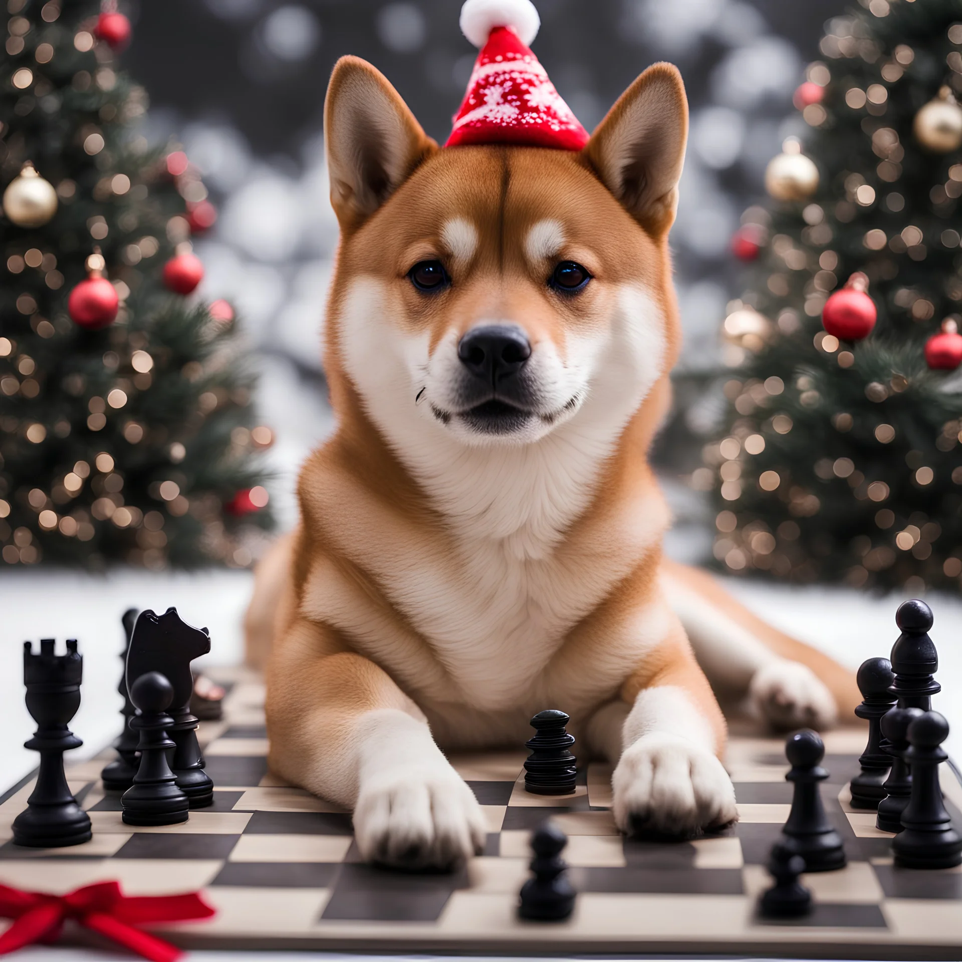 high definition photo of a shiba inu with a christmas hat playing chess