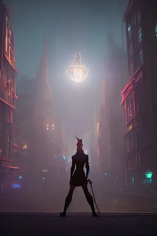 a city at night with a elf wizard who is holding a glowing orb