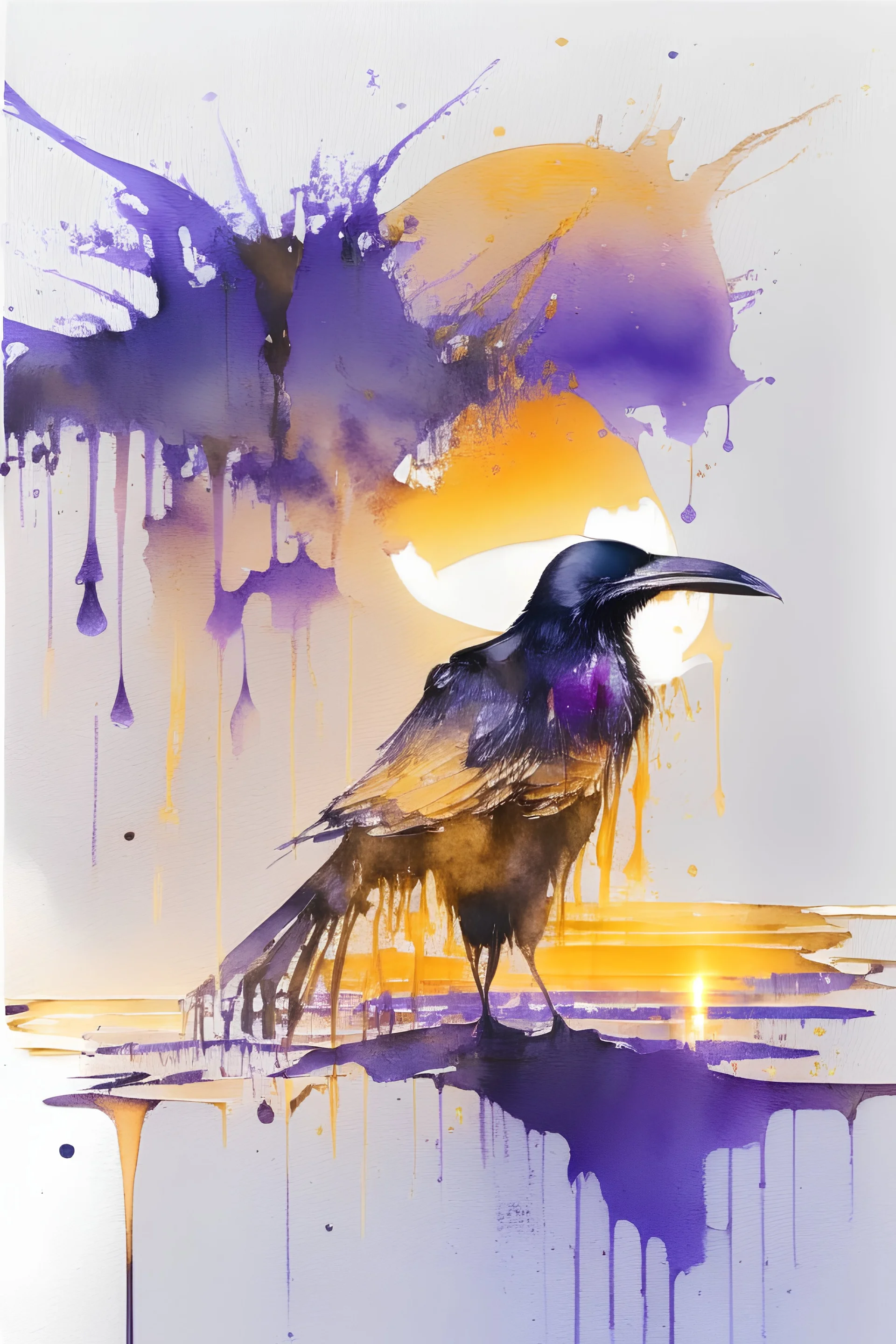 watercolor on transparent background paper, chromatic, zoom, sharp, realistic, splash of colors on a white background, a detailed golden purple sunset fire style, detailed realistic crow, Miami Beach with light blue water, graffiti elements, powerful zen composition, dripping technique, & the artist has used bright, clean elegant, with blunt brown, 4k, detailed –n 9, ink flourishes, liquid fire, clean white background, zoom in, close-up